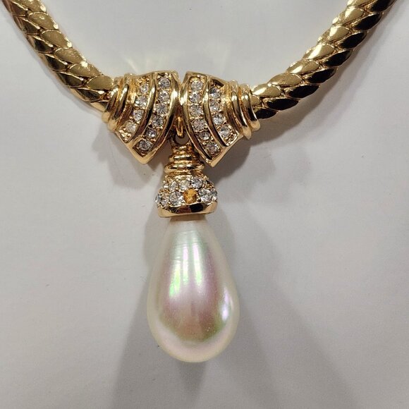 NWT Rare Vintage Christian Dior Gold Tone Faux Pearl/Rhinestone Choker 17" - Picture 2 of 8